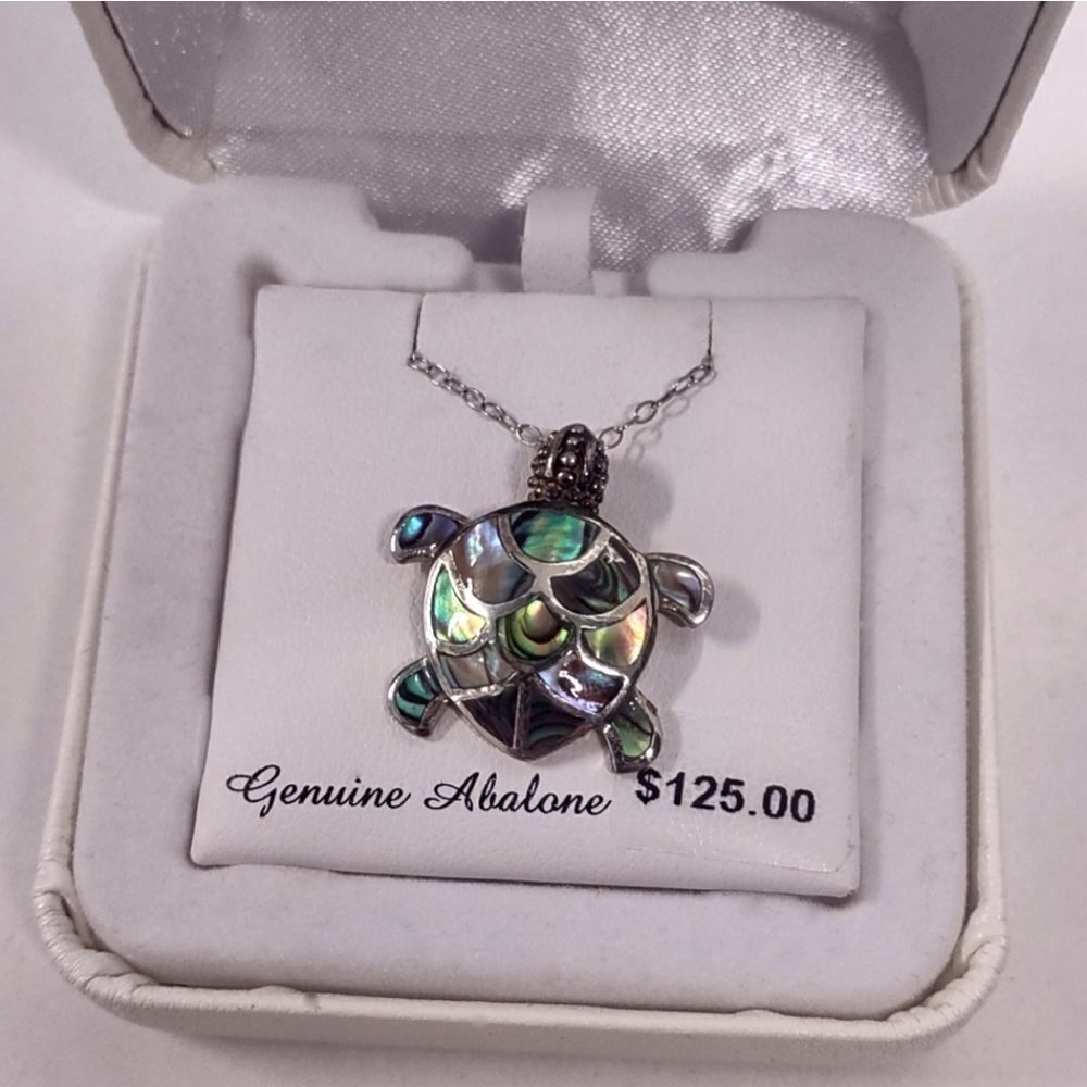 New Genuine Abalone Sterling Silver Turtle Pendant Necklace